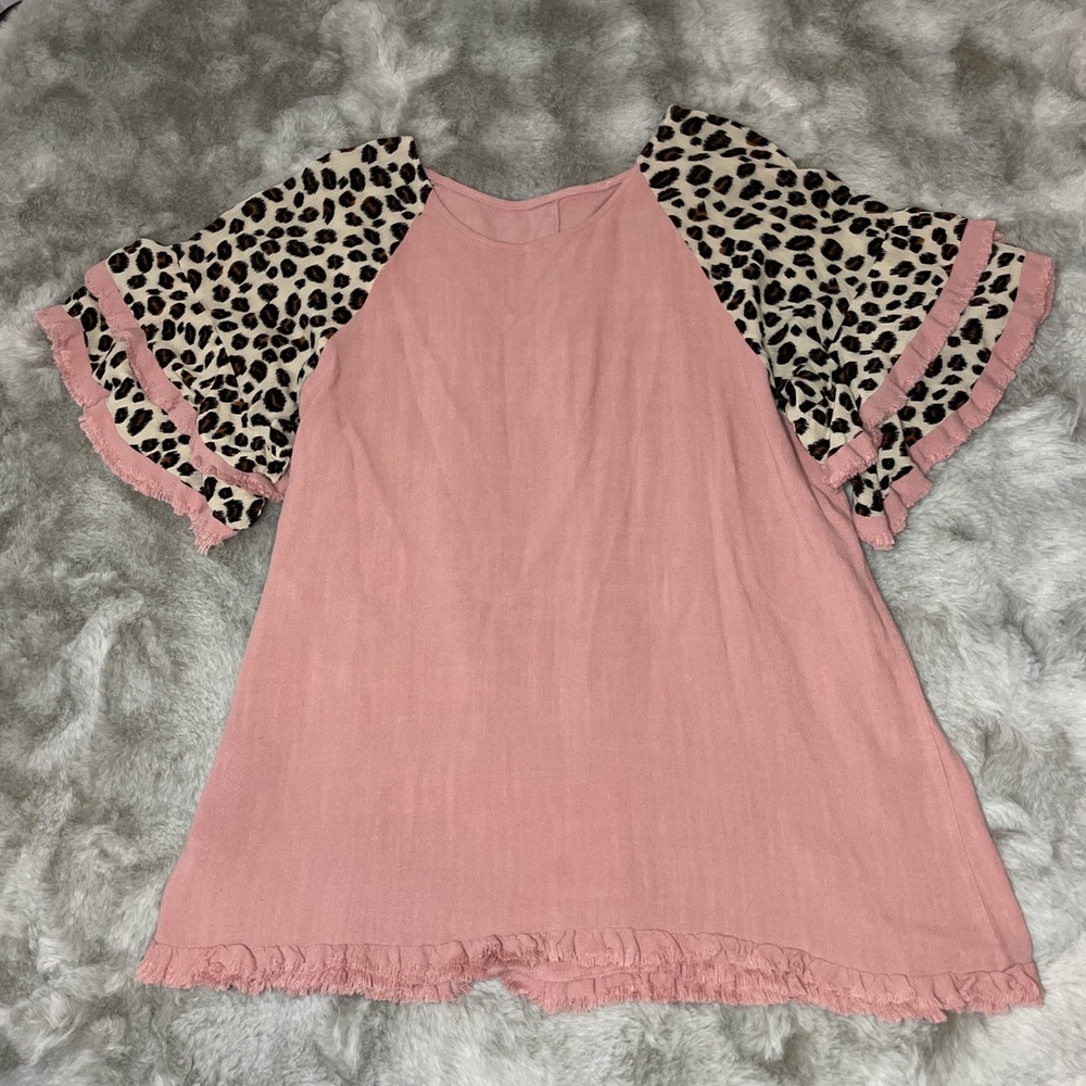 Pink Linen Blend Leopard Print Tiered Ruffle Sleeve Top Medium-0260